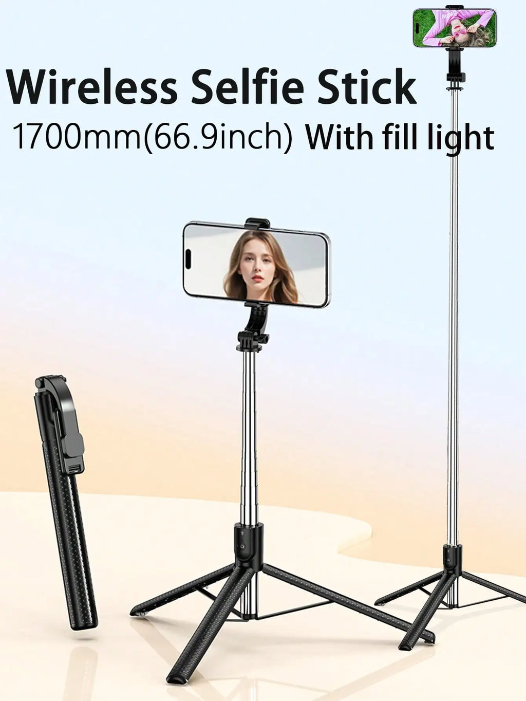 67-inch Selfie Stick with Reinforced Tripod Multifunctional Retractable Portable Cell PhoneTripow ithRemote Control