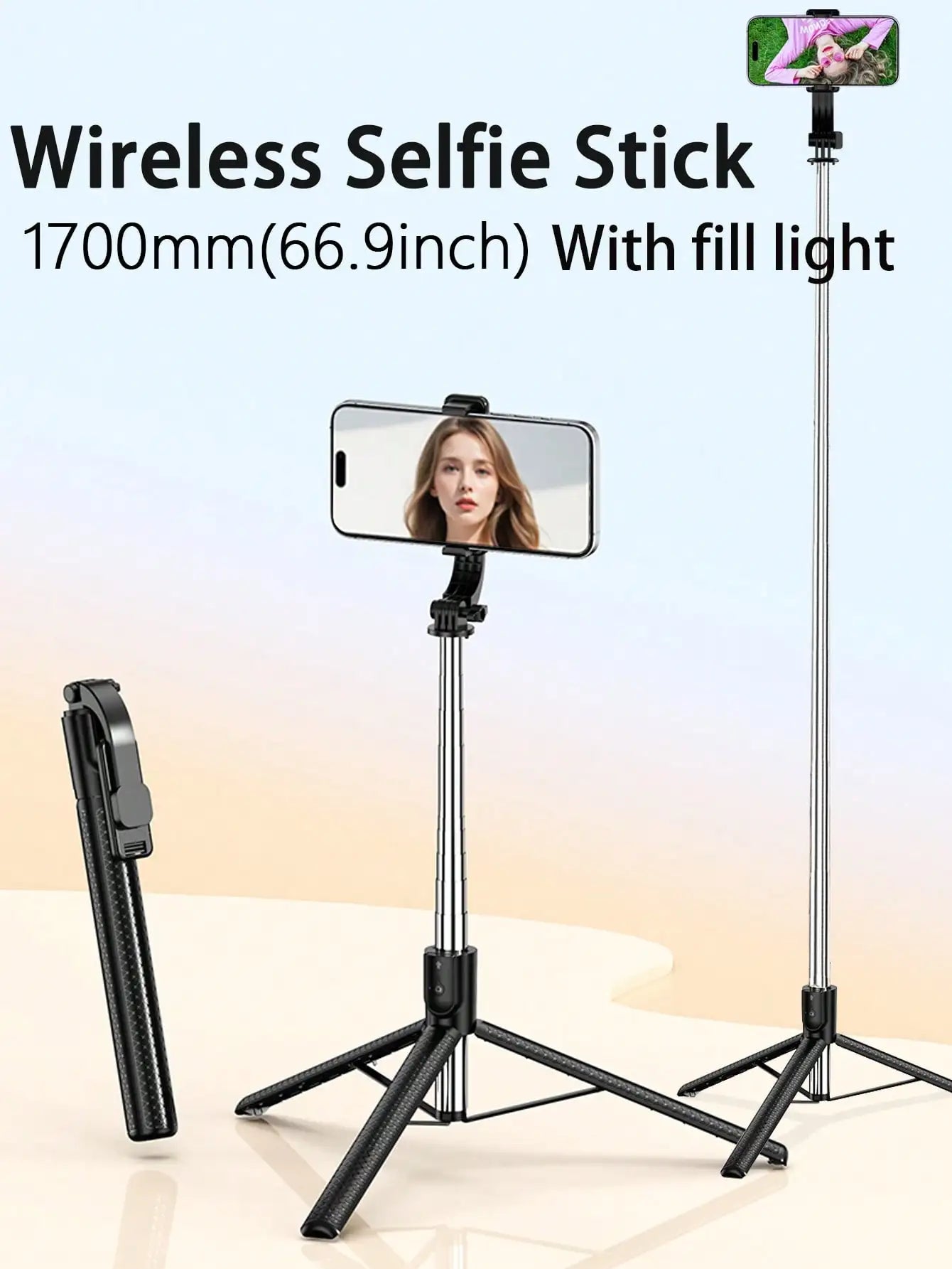67-inch Selfie Stick with Reinforced Tripod Multifunctional Retractable Portable Cell PhoneTripow ithRemote Control