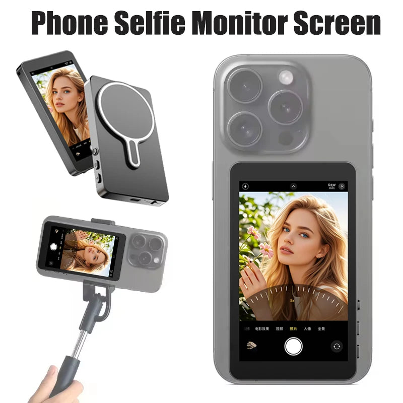 Phone Wireless Magnetic Selfie Monitor Screen For Smartphone Vlog Live Stream Video Recording Phone Rear Camera Selfie Monitor