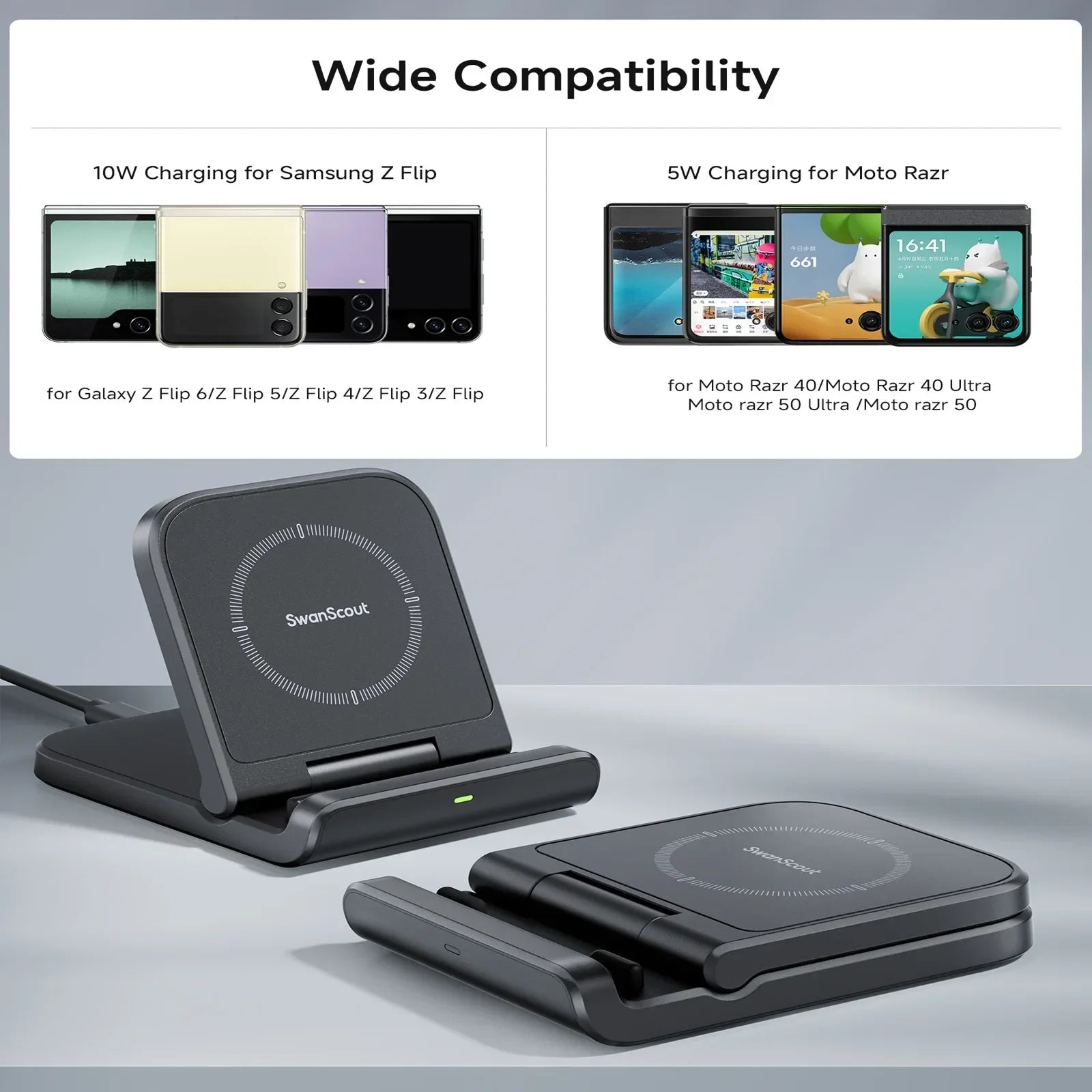 SwanScout 501S Wireless Charger for Samsung Z Flip 7 6 Foldable Fast Charging Stand for Galaxy S25 for Moto Razr 50 40 60 Ultra